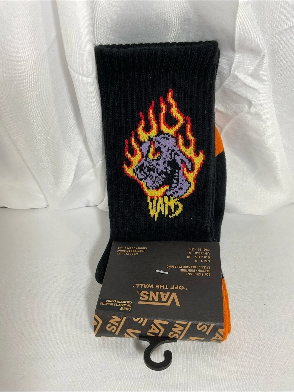Vans Black Crew Socks with Purple Skull and Red-Orange Flames